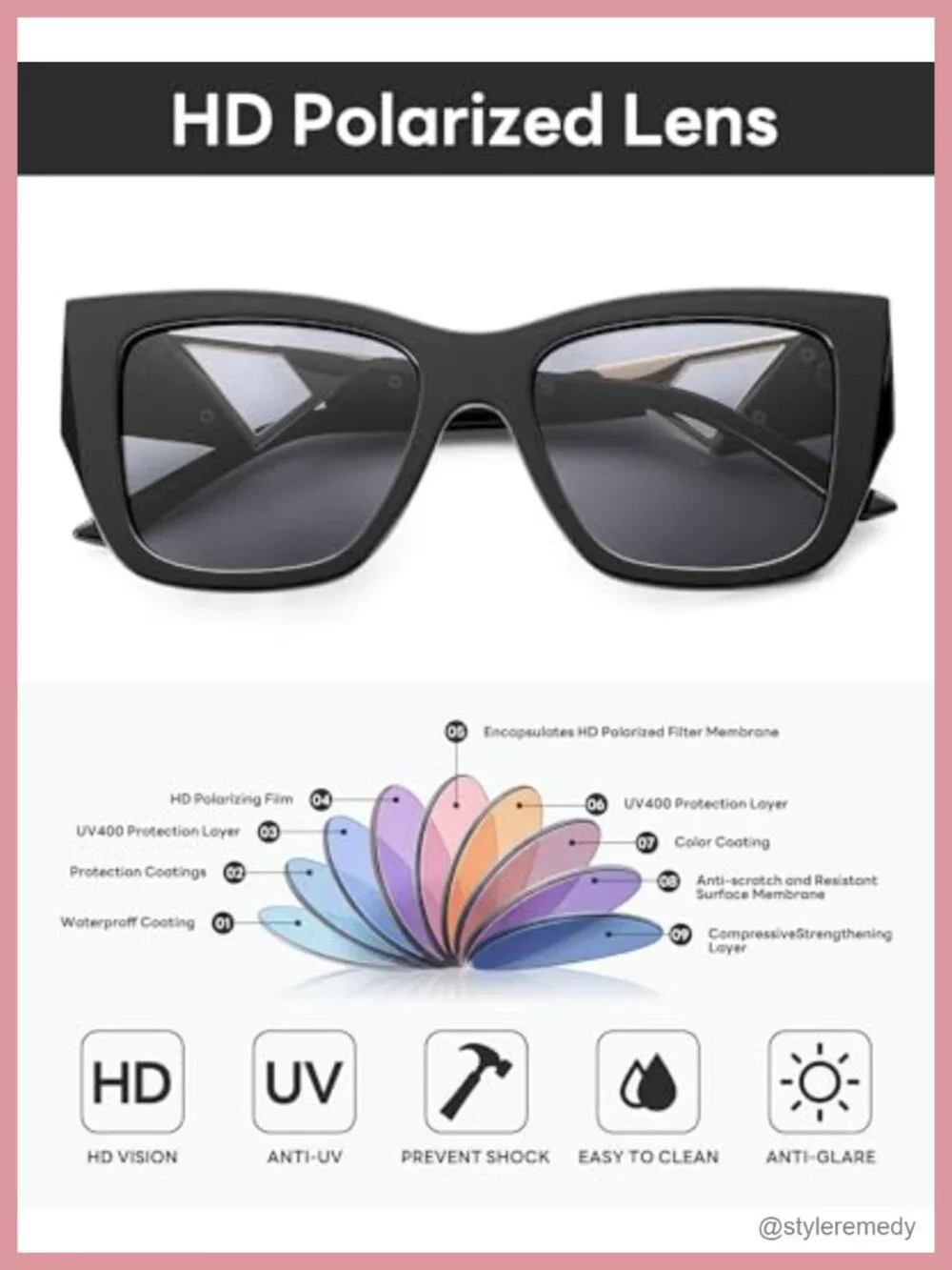 Retro Oversized Square Polarized Sunglasses for Women UV400 Plastic Frame